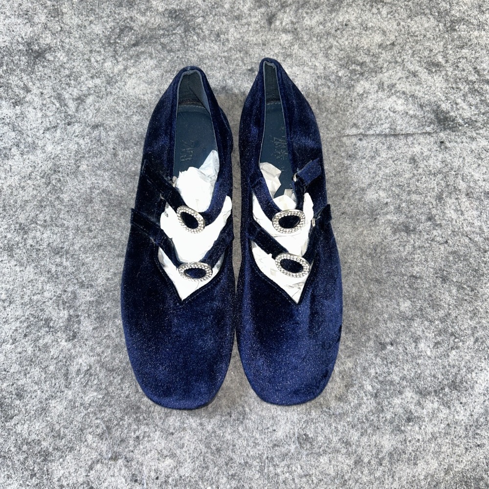 Zara Maryjane Blue Velvet Shoes‎ Girls 36/4 Rhinestones Party Formal
